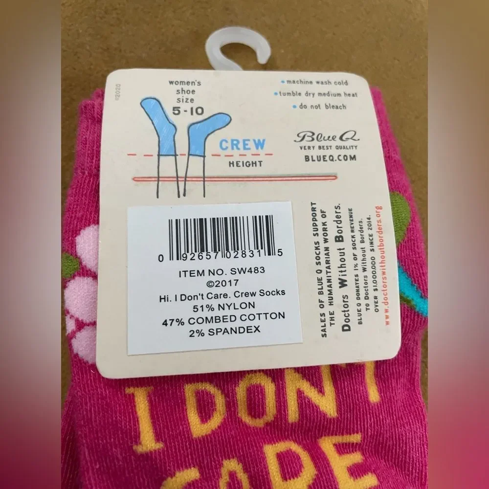 NWT Blue Q HI I DON’T CARE THANKS CREW SOCKS